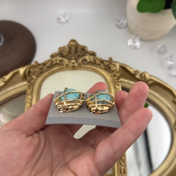 Robert Lee Morris Turquoise Gold Sculptural Clip-On Earrings Vintage Vibe - Picture 6 of 8